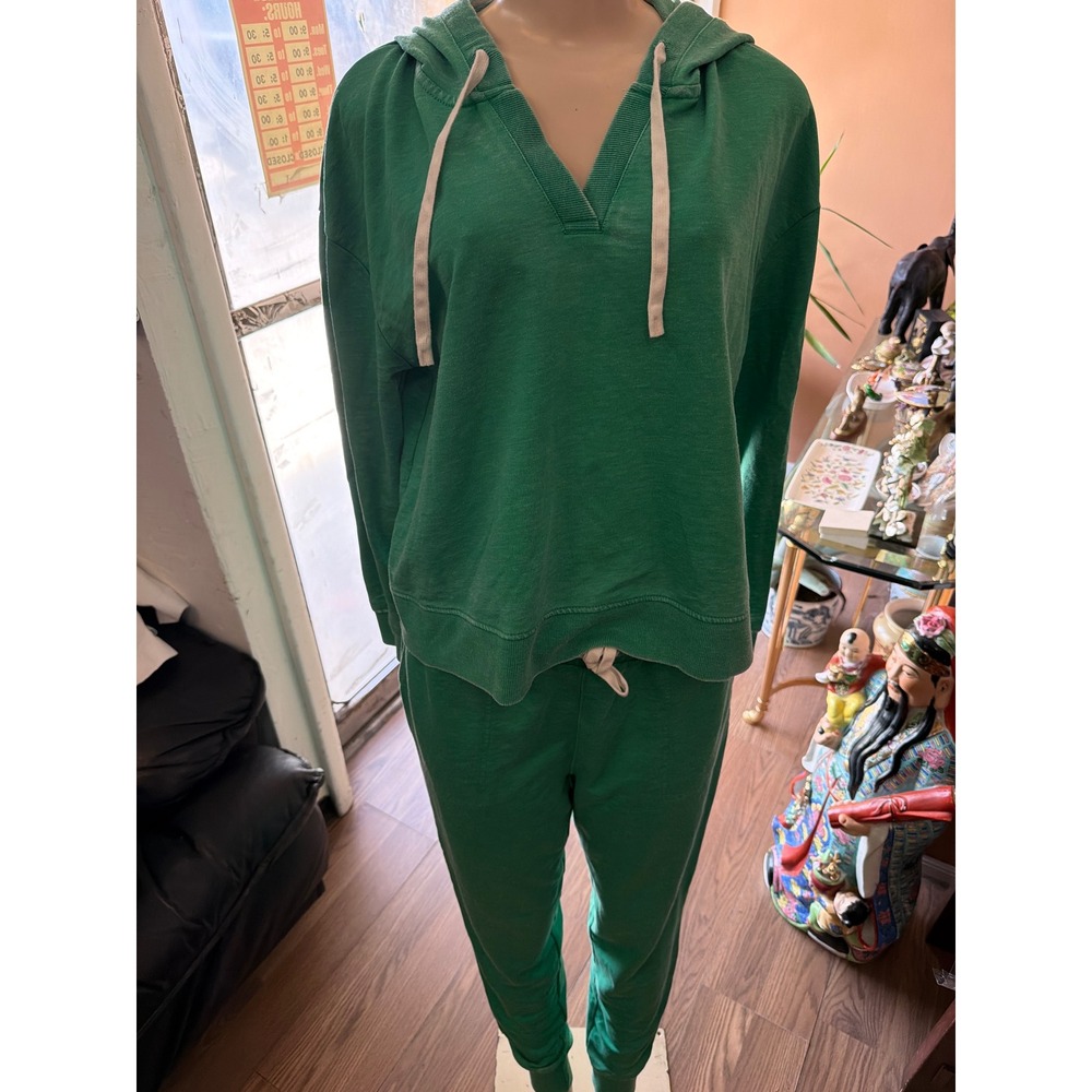 Green V-Neck Hoodie and Joggers 2 Piece Lounge Set Sweatsuit - Picture 1 of 12
